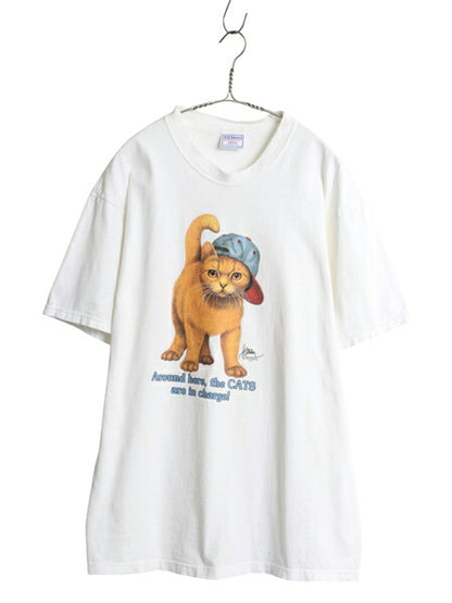 90s USA製 ネコ アート イラスト プリント Tシャツ メンズ レディース XL オールド アニマル キャラクター ヘビーウェイト 大きいサイズ 白