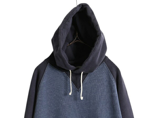 J CREW スウェット フード パーカー メンズ M / 古着 ジェイクルー トレーナー プルオーバー 前V コットン ツートン ポケット付き 無地 紺