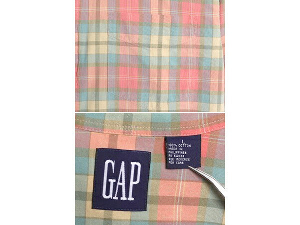 90s OLD GAP チェック 長袖 ボタンダウン シャツ メンズ L / 古着 90年代 オールド ギャップ コットン ポケット付き マルチカラー 紺タグ