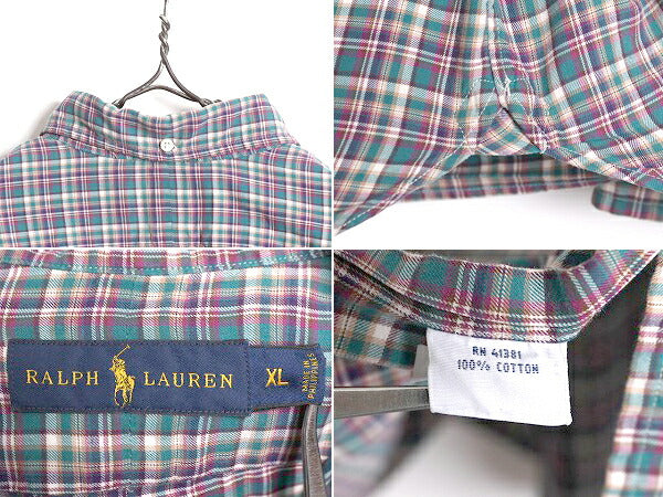 ラルフローレン チェック 3点留め ボタンダウン 長袖 シャツ メンズ XL 古着 ポロ コットン ポニー無し 長袖シャツ 大きいサイズ マチ付き
