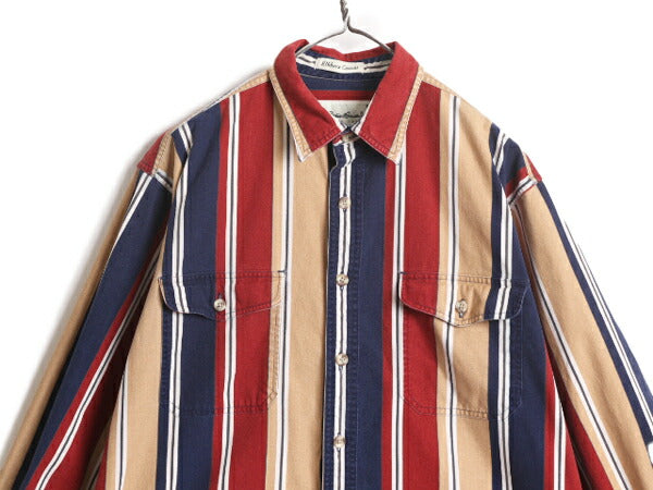 90s エディーバウアー ストライプ 長袖 シャツ メンズ L / 90年代 オールド Eddie Bauer ヘビーウェイト コットン キャンバス ポケット付き