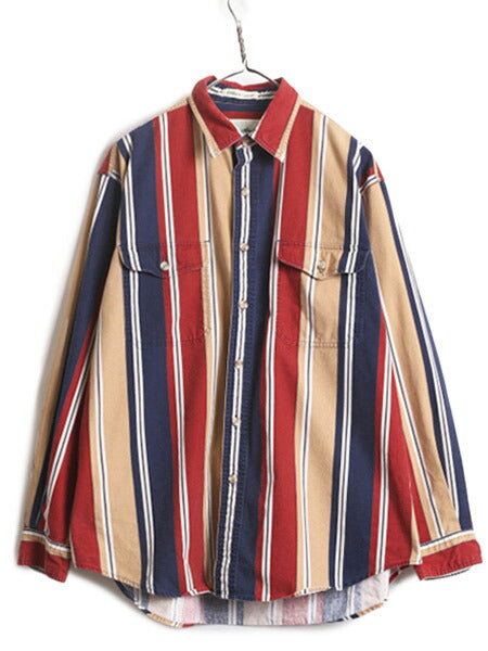 90s エディーバウアー ストライプ 長袖 シャツ メンズ L / 90年代 オールド Eddie Bauer ヘビーウェイト コットン キャンバス ポケット付き