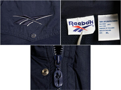 90s リーボック ハーフジップ ナイロン ジャケット メンズ XL 古着 オールド REEBOK ジャンパー ウィンドブレーカー 収納 フード ツートン