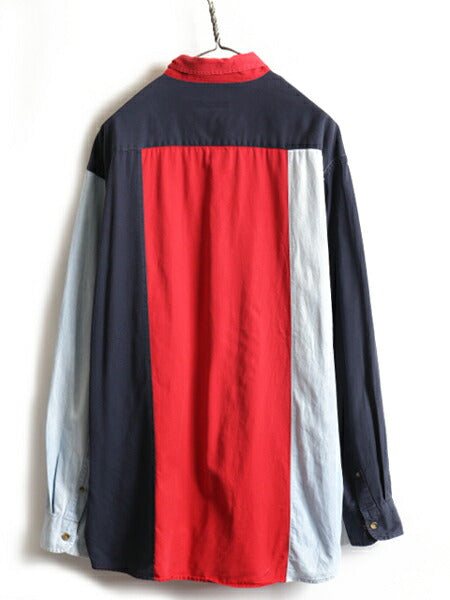 90s ■ ノーティカ トリコカラー 長袖 ボタンダウン シャツ メンズ L / 90年代 オールド NAUTICA シャンブレー 切替 ワンポイント ロゴ刺繍