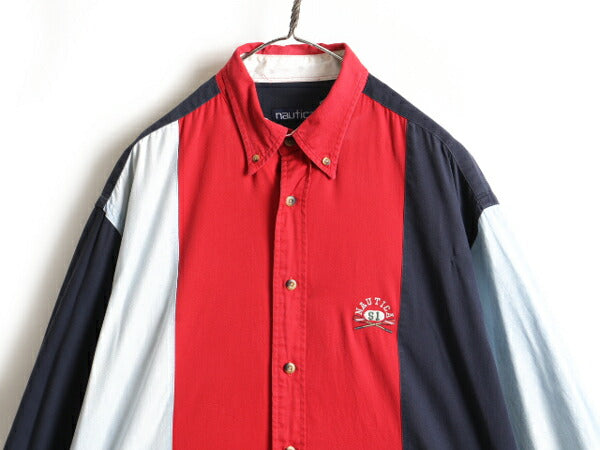 90s ■ ノーティカ トリコカラー 長袖 ボタンダウン シャツ メンズ L / 90年代 オールド NAUTICA シャンブレー 切替 ワンポイント ロゴ刺繍