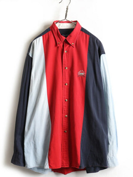 90s ■ ノーティカ トリコカラー 長袖 ボタンダウン シャツ メンズ L / 90年代 オールド NAUTICA シャンブレー 切替 ワンポイント ロゴ刺繍