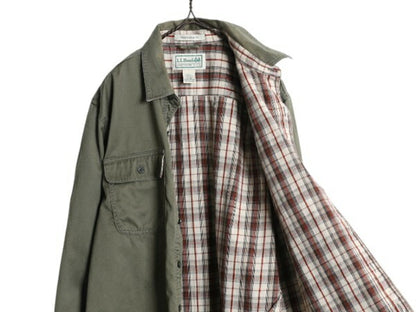エルエルビーン コットン ツイル 長袖 シャツ メンズ M LLBEAN アウトドア チェック フランネル ライナー ジャケット ポケット付き カーキ