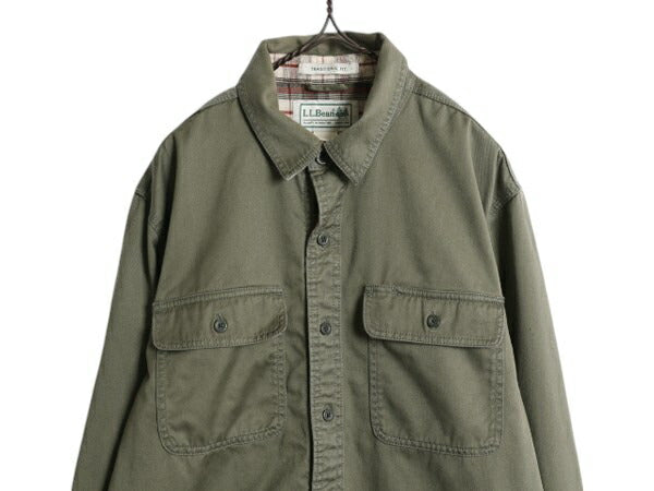 エルエルビーン コットン ツイル 長袖 シャツ メンズ M LLBEAN アウトドア チェック フランネル ライナー ジャケット ポケット付き カーキ