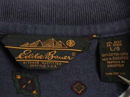 80s 90s エディーバウアー 総柄 長袖 ポロシャツ メンズ L ヴィンテージ Eddie Bauer 黒タグ 長袖シャツ コットン ヘビーウェイト ネイビー