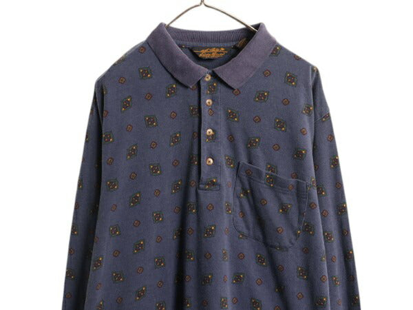80s 90s エディーバウアー 総柄 長袖 ポロシャツ メンズ L ヴィンテージ Eddie Bauer 黒タグ 長袖シャツ コットン ヘビーウェイト ネイビー
