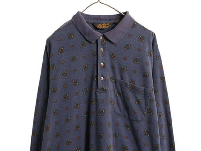 80s 90s エディーバウアー 総柄 長袖 ポロシャツ メンズ L ヴィンテージ Eddie Bauer 黒タグ 長袖シャツ コットン ヘビーウェイト ネイビー
