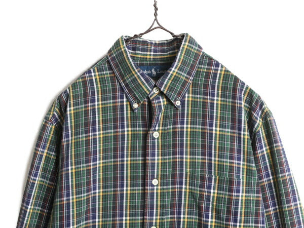 90s ラルフローレン チェック 長袖 ボタンダウン シャツ メンズ L / 古着 90年代 オールド ポロ ポケット付き ポニー無し 長袖シャツ 薄手