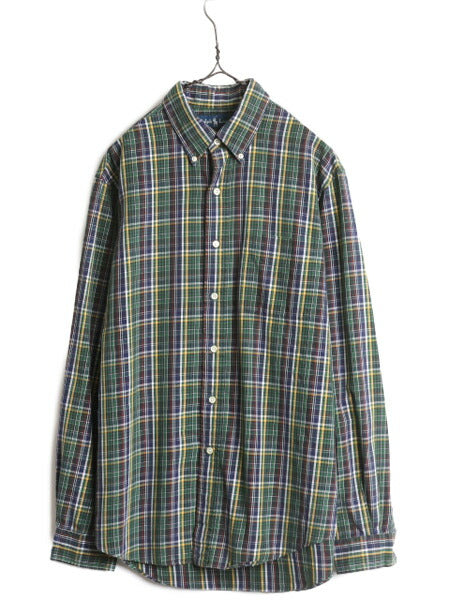 90s ラルフローレン チェック 長袖 ボタンダウン シャツ メンズ L / 古着 90年代 オールド ポロ ポケット付き ポニー無し 長袖シャツ 薄手