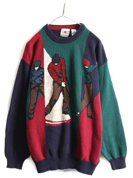 ■ COTTON TRADERS 絵柄 コットン ニット セーター メンズ L / 古着 90s オールド 90年代 ゴルフ ゴルファー クレイジー ビッグシルエット
