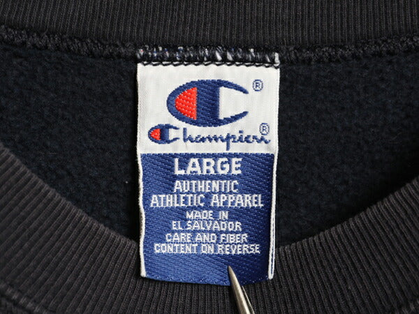 90s チャンピオン ワンポイント スウェット メンズ レディース L / オールド Champion 裏起毛 トレーナー スクリプト ロゴ 刺繍 ネイビー