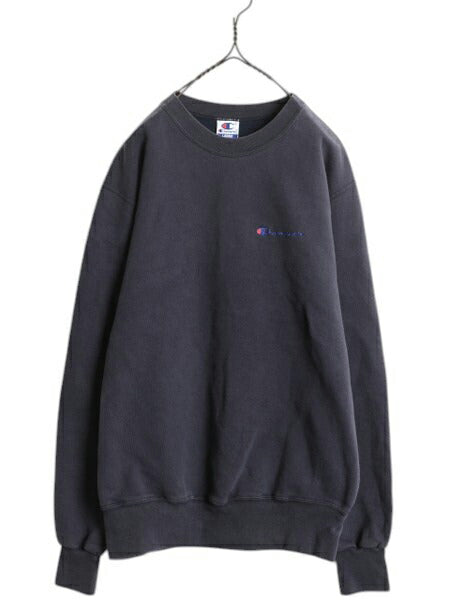 90s チャンピオン ワンポイント スウェット メンズ レディース L / オールド Champion 裏起毛 トレーナー スクリプト ロゴ 刺繍 ネイビー