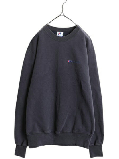 90s チャンピオン ワンポイント スウェット メンズ レディース L / オールド Champion 裏起毛 トレーナー スクリプト ロゴ 刺繍 ネイビー
