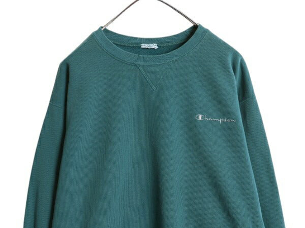 チャンピオン ワンポイント スウェット メンズ レディース L 程 古着 Champion 裏起毛 トレーナー スクリプト ロゴ 刺繍 クルーネック 前V