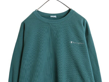 チャンピオン ワンポイント スウェット メンズ レディース L 程 古着 Champion 裏起毛 トレーナー スクリプト ロゴ 刺繍 クルーネック 前V