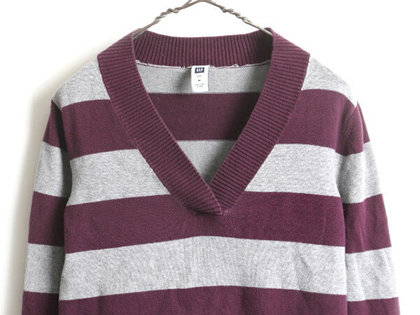 ■ GAP ギャップ ワイド ボーダー Vネック 長袖 コットン ニット セーター ( レディース M ) 古着 ストレッチ 2トーン プルオーバー 灰 紫