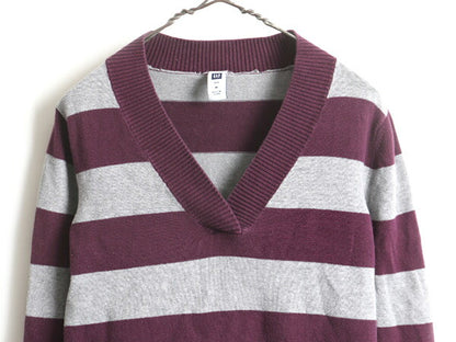 ■ GAP ギャップ ワイド ボーダー Vネック 長袖 コットン ニット セーター ( レディース M ) 古着 ストレッチ 2トーン プルオーバー 灰 紫