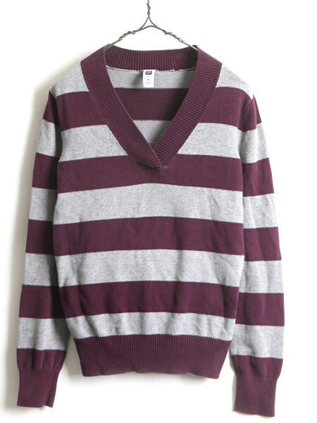 ■ GAP ギャップ ワイド ボーダー Vネック 長袖 コットン ニット セーター ( レディース M ) 古着 ストレッチ 2トーン プルオーバー 灰 紫