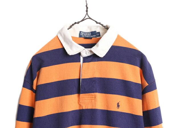 90s ポロ ラルフローレン ボーダー 長袖 ラガーシャツ メンズ XL 90年代 オールド ラグビーシャツ 長袖シャツ ヘビーウェイト ワンポイント