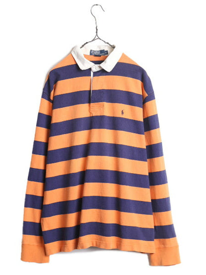 90s ポロ ラルフローレン ボーダー 長袖 ラガーシャツ メンズ XL 90年代 オールド ラグビーシャツ 長袖シャツ ヘビーウェイト ワンポイント