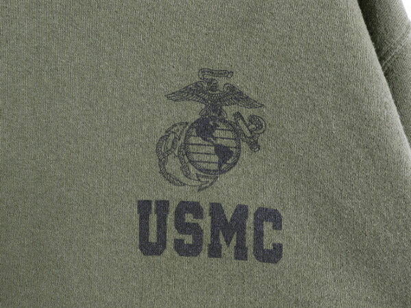 USMC プリント スウェット メンズ M 程 古着 マリンコープ 海兵隊 トレーナー ミリタリー 裏起毛 スエット ワンポイント オリーブ グリーン