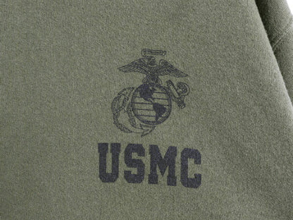 USMC プリント スウェット メンズ M 程 古着 マリンコープ 海兵隊 トレーナー ミリタリー 裏起毛 スエット ワンポイント オリーブ グリーン