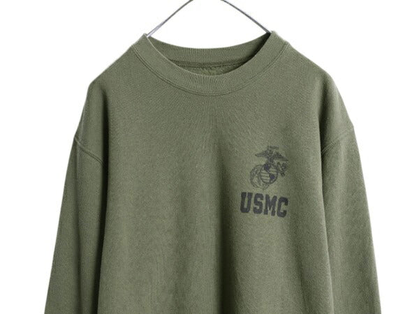 USMC プリント スウェット メンズ M 程 古着 マリンコープ 海兵隊 トレーナー ミリタリー 裏起毛 スエット ワンポイント オリーブ グリーン