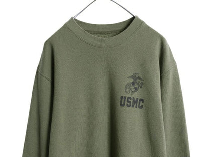 USMC プリント スウェット メンズ M 程 古着 マリンコープ 海兵隊 トレーナー ミリタリー 裏起毛 スエット ワンポイント オリーブ グリーン