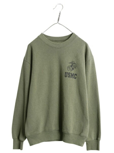 USMC プリント スウェット メンズ M 程 古着 マリンコープ 海兵隊 トレーナー ミリタリー 裏起毛 スエット ワンポイント オリーブ グリーン
