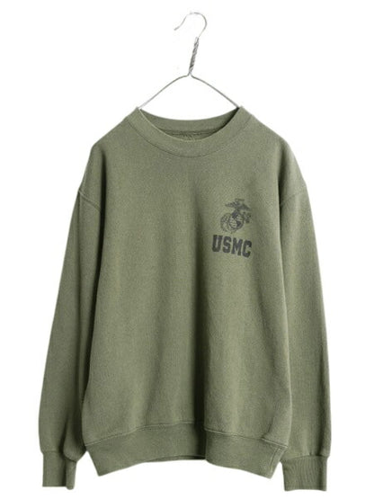 USMC プリント スウェット メンズ M 程 古着 マリンコープ 海兵隊 トレーナー ミリタリー 裏起毛 スエット ワンポイント オリーブ グリーン