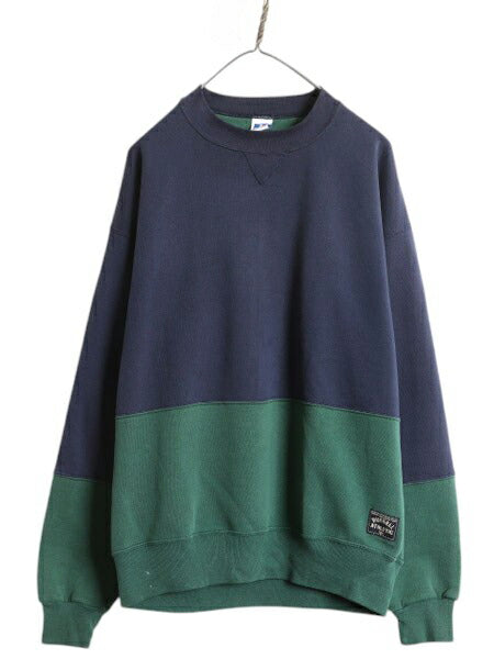 90s USA製 ラッセル 無地 スウェット メンズ レディース L 古着 オールド RUSSELL トレーナー ブランク 前V 裏起毛 ツートン クルーネック