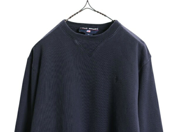 90s ポロスポーツ ラルフローレン 前V スウェット メンズ S 紺 古着 オールド ポロ ワンポイント トレーナー 裏起毛 クルーネック ネイビー