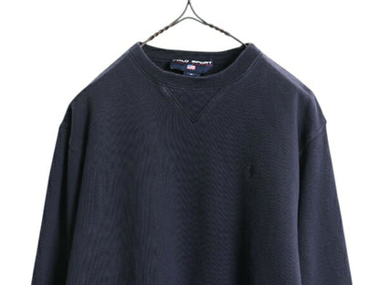 90s ポロスポーツ ラルフローレン 前V スウェット メンズ S 紺 古着 オールド ポロ ワンポイント トレーナー 裏起毛 クルーネック ネイビー