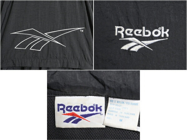 90s リーボック フルジップ ナイロン ジャケット メンズ M / オールド REEBOK ウインドブレーカー シャカシャカ ジャンパー 収納 フード 黒