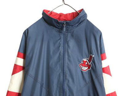 90s MLB オフィシャル スターター インディアンズ ナイロン ジャケット メンズ L 古着 オールド STARTER フルジップ スタジャン 大リーグ