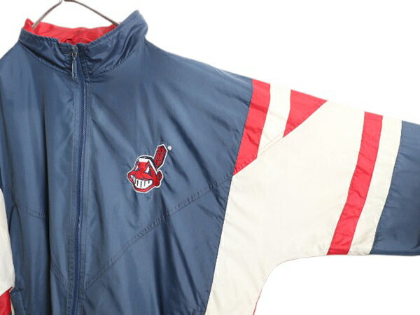 90s MLB オフィシャル スターター インディアンズ ナイロン ジャケット メンズ L 古着 オールド STARTER フルジップ スタジャン 大リーグ