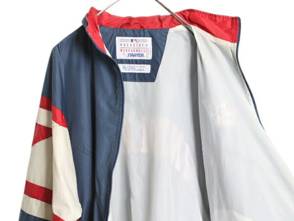 90s MLB オフィシャル スターター インディアンズ ナイロン ジャケット メンズ L 古着 オールド STARTER フルジップ スタジャン 大リーグ