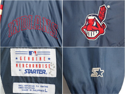 90s MLB オフィシャル スターター インディアンズ ナイロン ジャケット メンズ L 古着 オールド STARTER フルジップ スタジャン 大リーグ