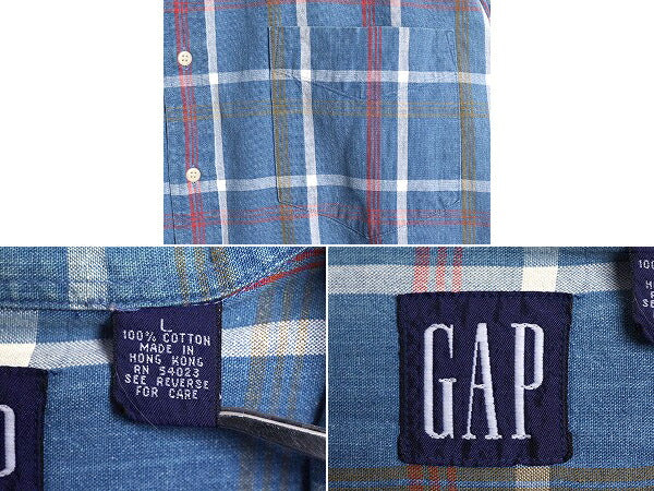 90s OLD GAP チェック 長袖 ボタンダウン シャツ メンズ L / 90年代 オールド ギャップ 紺タグ 旧タグ コットン ポケット付き マルチカラー