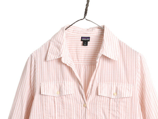 19年製 パタゴニア ストライプ 長袖 シャツ レディース S / Patagonia オーガニック コットン ヘンプ 長袖シャツ ポケット付き アウトドア