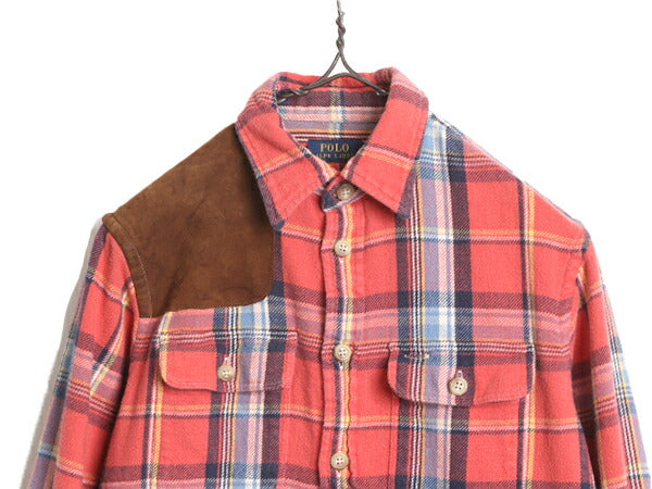 ポロ ラルフローレン チェック ヘビー フランネル シャツ レディース XS / ネルシャツ 長袖シャツ コットン 本革 レザー ショルダー パッチ