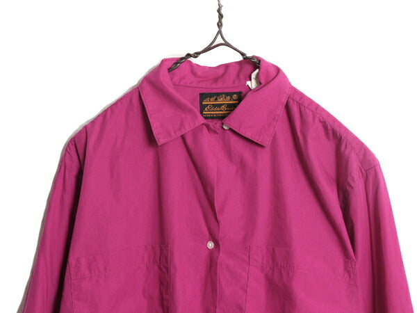 80s USA製 エディーバウアー ループ留め オープンカラー 長袖 シャツ レディース S / 80年代 Eddie Bauer ヴィンテージ ポケット付き 無地