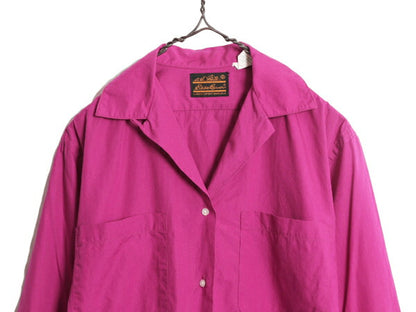 80s USA製 エディーバウアー ループ留め オープンカラー 長袖 シャツ レディース S / 80年代 Eddie Bauer ヴィンテージ ポケット付き 無地