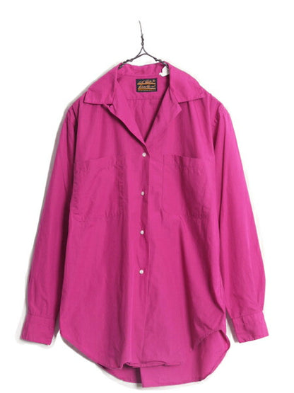 80s USA製 エディーバウアー ループ留め オープンカラー 長袖 シャツ レディース S / 80年代 Eddie Bauer ヴィンテージ ポケット付き 無地