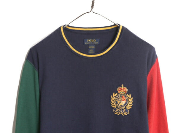クッキー クレスト ポロ ラルフローレン クレイジー パターン 長袖 サーマル Tシャツ メンズ L 古着 ロンT ワッフル ワンポイント インナー