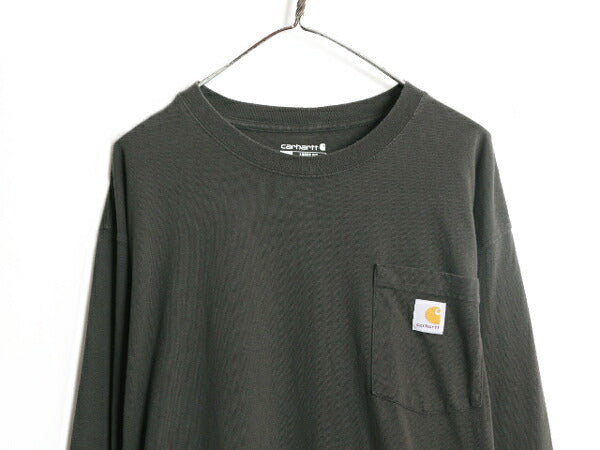 カーハート ポケット付き 長袖 Tシャツ メンズ XL 古着 CARHARTT ロンT ワンポイント ポケT ロゴT ヘビーウェイト コットン 大きいサイズ